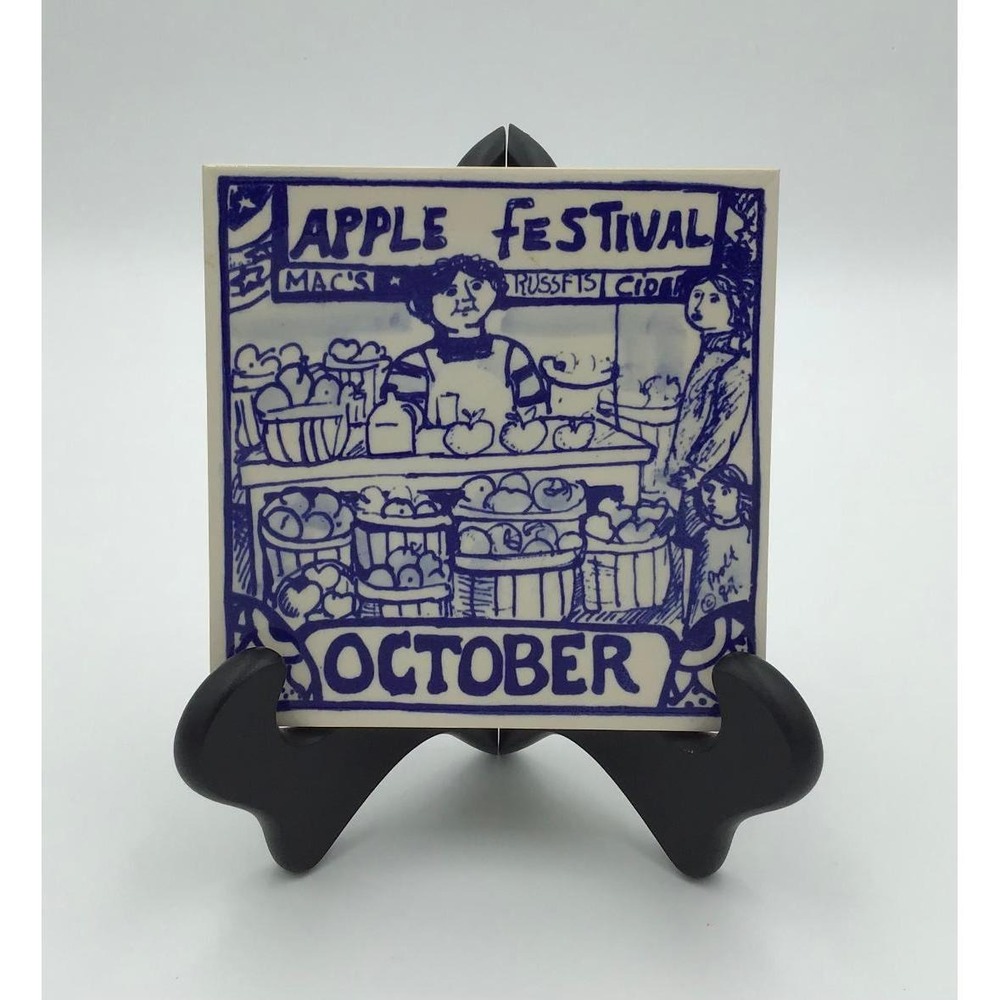 Vintage H&R Johnson October Calendar Apple Festival Ceramic Art Tile 6x6 Trivet